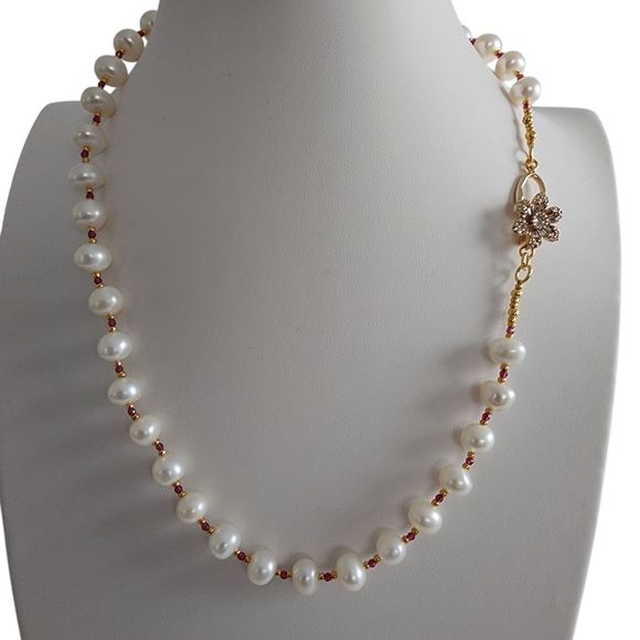 Pearl Necklace Pink Spinel Gemstone Beads 18K Gold Plate Clasp With CZs